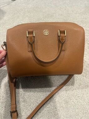 Tory Burch Camel Leather Satchel with Gold Hardware